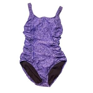 Speedo Womens Purple Abstract Ruched One Piece Swimsuit 16